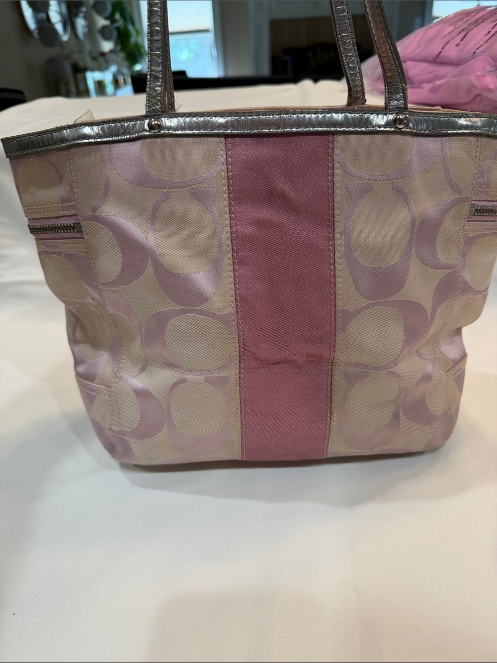 Coach Two-Tone Pink Signature Canvas Tote with Silver Trim